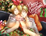  1boy 1girl 2015 alternate_costume bangs bell blanket blonde_hair bow box checkered christmas christmas_ornaments christmas_tree collarbone doll gift gift_box gloves hair_ornament hair_ribbon hairclip highres holding_gift indoors kagamine_len kagamine_rin leaning_on_person long_sleeves merry_christmas nutcracker out_of_frame parted_lips pillow red_bow red_gloves red_ribbon ribbon santa_costume short_hair sitting sleeping sleeves_past_wrists suzaku_aruma_(alma-n) sweater swept_bangs turtleneck v-neck vocaloid 