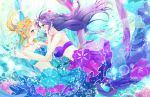  2girls arihara_(arhr0) ayase_eli bare_shoulders bikini_top blonde_hair blue_eyes blush breasts cleavage eye_contact green_eyes hand_on_another&#039;s_cheek hand_on_another&#039;s_face hug large_breasts long_hair looking_at_another love_live!_school_idol_project mermaid_costume multiple_girls ponytail purple_hair toujou_nozomi 