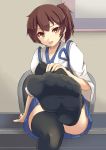  1girl absurdres brown_eyes brown_hair highres japanese_clothes kaga_(kantai_collection) kantai_collection long_hair muneate open_mouth side_ponytail skirt solo tagme thigh-highs towamin 