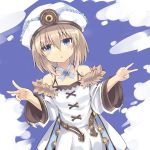  1girl absurdres bare_shoulders blanc blue_eyes blush brown_hair clouds coat double_v hat highres looking_at_viewer neptune_(series) nomalandnomal open_mouth ribbon short_hair solo v 
