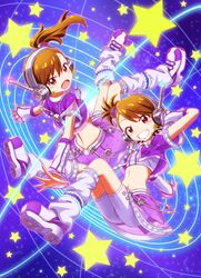  2girls brown_hair detached_sleeves futami_ami futami_mami highres idolmaster long_hair multiple_girls navel open_mouth outsider_0 purple_skirt siblings sisters skirt violet_eyes white_shorts 