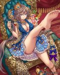  1girl bare_legs barefoot blue_eyes bracelet breasts cape cleavage crown dress eating eikou_no_guardian_battle feet food frilled_dress frills fruit highres ice_cream jewelry large_breasts long_hair madogawa necklace official_art original pov_feet sandals sandals_removed single_sandal soles spoon strawberry sundae throne toes 