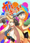  1boy 1girl :o absurdres bike_shorts blonde_hair blue_eyes blue_hair collared_shirt gas_mask highres inkling long_sleeves necktie open_mouth oversized_clothes paint_roller pointy_ears shirt splatoon super_soaker tentacle_hair tentacles yuki_ahiru 