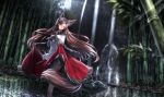  animal_ears bamboo bamboo_forest bare_legs blue_sky blurry cape depth_of_field dutch_angle floating_hair forest fox_ears fox_tail gem head_tilt highres imaizumi_kagerou jewelry kitsune light_rays long_hair looking_at_viewer nature red_eyes red_skirt reflection ruby_(stone) ryosios shirt skirt sky solo sunlight tail touhou very_long_hair wading water waterfall white_shirt 