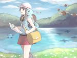  1girl brown_hair hat lake long_hair marill open_mouth outdoors pokemon pokemon_(creature) red_skirt skirt sky squirtle usanoha 