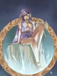  1girl anklet arm_support armlet barefoot belt breasts ceda_(dace) circlet cleavage cleavage_cutout dagger dark_elf dark_skin dragon elf highres jewelry large_breasts long_hair looking_to_the_side pirotess pointy_ears purple_hair record_of_lodoss_war sitting very_long_hair weapon yellow_eyes 