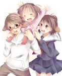 1boy 2girls animal_ears bbr_brbr brother_and_sister brown_eyes brown_hair carrying closed_eyes dog_ears glasses love_lab multiple_girls open_mouth ponytail school_uniform serafuku shoulder_carry siblings sisters smile tanahashi_hiroka tanahashi_suzune tanahashi_yuuya twintails white_background younger 