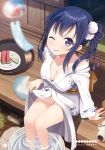  1girl absurdres blue_eyes blue_hair blurry blush breasts depth_of_field feet_in_water food fruit highres hyuuga_azuri imai_midori japanese_clothes long_hair looking_at_viewer one_eye_closed porch shirobako side_ponytail smile soaking_feet solo water watermark watermelon wind_chime 