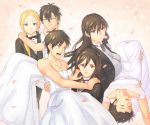  3boys 3girls black_hair blonde_hair blue_eyes bowtie bride brown_hair carrying character_request copyright_request crossdressinging dress e_no_maigo eren_jaeger green_eyes groom kagari_ayaka long_hair looking_at_another looking_at_viewer mikasa_ackerman multiple_boys multiple_girls petals princess_carry shingeki_no_kyojin short_hair strapless_dress takamiya_honoka wedding_dress wind witch_craft_works 