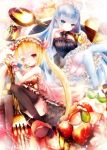  2girls babydoll bare_shoulders basilis9 blonde_hair blue_eyes blue_hair blue_legwear cake checkerboard_cookie choker cookie cup dress fingernails flower_eyepatch food fork frilled_legwear frilled_skirt frills fruit glint hair_ribbon hairband highres lace light_smile lolita_hairband long_hair looking_at_viewer macaron minigirl multiple_girls nail_polish neck_ribbon original pointy_ears red_eyes red_nails ribbon sharp_fingernails shoes short_hair skirt spoon strapless_dress strawberry striped striped_legwear teacup thigh-highs tongue tongue_out twintails very_long_hair wrist_cuffs 