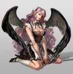  apron artist_request breasts cleavage cleavage_cutout elbow_gloves gloves hair_ornament high_heels long_hair maid parted_lips purple_hair red_eyes shadow simple_background sitting socks very_long_hair wariza wavy_hair wings 