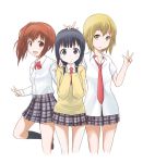  3girls :d :o \m/ aiura amaya_kanaka black_hair blonde_hair blush brown_eyes brown_hair hand_on_another&#039;s_head iwasawa_saki katsuo9 looking_at_viewer low_twintails multiple_girls necktie open_mouth plaid plaid_skirt school_uniform short_hair side_ponytail skirt sleeves_past_wrists smile twintails uehara_ayuko v w yellow_eyes 