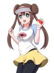  1girl black_legwear blue_eyes brown_hair holding long_hair open_mouth pantyhose poke_ball pokemon pokemon_(game) pokemon_bw2 simple_background skirt solo twintails white_background yellow_skirt yukikan 