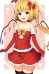  1girl :d bare_shoulders bell black_legwear blonde_hair bow elbow_gloves fang flandre_scarlet flat_chest gloves hair_bell hair_bow hair_ornament hat heart highres jingle_bell long_hair looking_at_viewer open_mouth red_eyes red_gloves santa_hat shone side_ponytail smile solo thigh-highs touhou wings zettai_ryouiki 