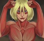  1girl blonde_hair blue_eyes breasts clenched_hands exposed_muscle female_titan fighting_stance hair_between_eyes lips maou_alba shingeki_no_kyojin short_hair solo 