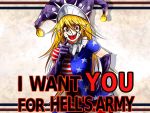  1girl american_flag_shirt blonde_hair clownpiece elbow_gloves english gloves hat jester_cap long_hair pointing pointing_at_viewer pointy_ears purple_gloves red_eyes ryuuichi_(f_dragon) solo touhou very_long_hair 