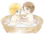  2boys :&lt; armin_arlert ass basin blush brown_hair chibi dated eren_jaeger from_behind green_eyes moxue_qianxi multiple_boys nude open_mouth rubber_duck shingeki_no_kyojin short_hair water wet 