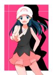  1girl blue_eyes blue_hair hat highres hikari_(pokemon) long_hair looking_at_viewer open_mouth pink_skirt pokemon pokemon_(game) pokemon_dppt skirt solo v yuihiko 