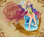  1girl barefoot belt blonde_hair cape circlet deedlit elf green_eyes long_hair open_mouth pauldrons pointy_ears record_of_lodoss_war sitting smile sylph very_long_hair wind 
