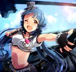  1girl anaroguya black_gloves blue_hair fingerless_gloves gloves holding_microphone idolmaster idolmaster_million_live! jewelry long_hair looking_at_viewer navel necklace one_eye_closed open_mouth shirt solo tied_shirt yellow_eyes 