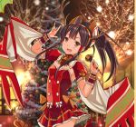  1girl \m/ antlers bell black_hair blush boots bow bracer brown_eyes choker christmas christmas_tree covered_navel dress hair_tubes hairband long_hair looking_at_viewer microphone nephthys_(p&amp;d) piza_rokumai ponytail puzzle_&amp;_dragons smile solo standing_on_one_leg 
