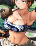  1girl armpits blue_eyes breasts brown_hair crop_top decchi_oyabun japanese_clothes katana large_breasts looking_to_the_side midriff navel original out_of_frame short_hair solo sword toned wavy_mouth weapon 