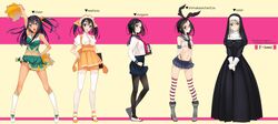  5girls :d black_hair black_legwear black_panties black_ribbon blue_eyes blush breasts cheerleader cosplay cross cross_necklace dark_skin elbow_gloves f-ism glasses gloves hair_ornament hair_ribbon hairclip headdress kantai_collection kneehighs long_hair looking_at_viewer midriff multiple_girls murakami_suigun navel nun open_mouth panties ribbon school_uniform serafuku shimakaze_(kantai_collection) shimakaze_(kantai_collection)_(cosplay) short_hair smile striped striped_legwear thigh-highs thong torn_ribbon twintails underwear waitress white_gloves white_legwear 