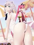  2girls :3 animal_ears ass bikini blue_eyes blush breasts cleavage covered_nipples glasses long_hair looking_at_viewer multiple_girls one-piece_swimsuit original palm_tree pink_hair ponytail red_bikini sweatdrop swimsuit tail tazuma_(u283) tree twintails white_hair white_swimsuit 