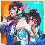  2girls absurdres brown_eyes brown_hair character_name completion_time d.va_(overwatch) facial_mark fur_collar glasses gloves hair_ornament hairpin highres lips mei_(overwatch) monori_rogue multiple_girls nose one_eye_closed overwatch violet_eyes white_gloves 