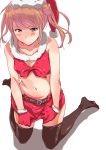  1girl blush brown_hair gloves hat kantai_collection kunifuto michishio_(kantai_collection) midriff navel santa_costume santa_hat solo thigh-highs twintails 