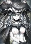  1girl black_gloves bodysuit breasts cape covered_navel gloves grey_eyes hat headgear highres kantai_collection long_hair looking_at_viewer pale_skin parted_lips portrait shinkaisei-kan signature silver_hair solo teeth tentacles upper_body wo-class_aircraft_carrier xiaodi 