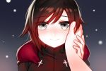  1girl artist_request bean1215 black_hair blush cape grey_eyes hand_on_another&#039;s_face hood night ruby_rose rwby short_hair snow 