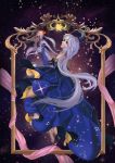  1girl barefoot blue_dress dongyunhan dress elbow_gloves expressionless frame gloves gradient gradient_background highres koi lavender_hair lips long_hair looking_to_the_side profile solo sparkle star_(sky) strapless_dress triangle_print very_long_hair vocaloid xingchen yellow_eyes 