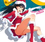  1girl ass black_hair blush boots breasts christmas cleavage commentary_request earrings gloves green_eyes hat idolmaster idolmaster_cinderella_girls jewelry long_hair no_panties open_mouth pecolondon santa_costume santa_hat shibuya_rin solo 