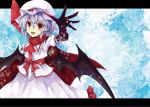  1girl akisome_hatsuka arm_at_side bat_wings dress elbow_gloves fang gloves hair_between_eyes hat lavender_hair mob_cap open_mouth pink_dress puffy_short_sleeves puffy_sleeves reaching_out red_eyes remilia_scarlet scarf short_hair short_sleeves solo touhou wings winter_clothes 
