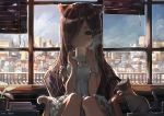  1girl animal animal_ears armchair artist_name backlighting bangs blinds blush book breasts brown_eyes brown_hair building cat cat_ears cat_tail chair city cup dress drinking frilled_dress frills hair_over_eyes hair_over_one_eye hair_over_shoulder holding holding_cup indoors long_hair looking_at_viewer mika_pika_zo mug one_eye_covered original parted_bangs plant potted_plant signature sitting sleeveless sleeveless_dress solo steam strap_slip sunlight tail white_dress window wristband yellow_eyes 