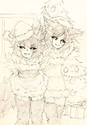  2girls animal_ears arms_behind_back bare_shoulders black_sclera box christmas christmas_tree dog_ears dog_tail dress fur fur_trim gift gift_box grin hat hellhound leaning_forward looking_at_viewer monochrome monorus monster_girl_encyclopedia multiple_girls santa_hat short_hair sketch slit_pupils smile strapless_dress tail 