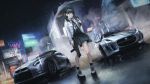  1girl black_hair braid car gun highres jaguar_(car) long_hair long_sleeves motor_vehicle night nissan nissan_gt-r original rain school_uniform serafuku shibuya_(tokyo) sig_mpx sign submachine_gun terabyte_(rook777) twin_braids umbrella vehicle weapon 