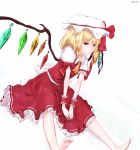  1girl ascot bad_id barefoot blonde_hair dress dyolf flandre_scarlet hat hat_ribbon mob_cap puffy_short_sleeves puffy_sleeves red_dress red_eyes ribbon sash shirt short_sleeves side_ponytail sitting solo touhou v_arms wings wrist_cuffs 