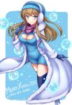  1girl alternate_costume blue_eyes blue_legwear breasts brown_hair chan_qi_(fireworkhouse) christmas cleavage earmuffs gloves high_heels highres league_of_legends looking_at_viewer open-chest_sweater ribbed_sweater scarf smile snow solo sweater syndra thigh-highs winter_clothes 