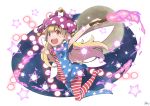  1girl american_flag_legwear american_flag_shirt blonde_hair clownpiece danmaku fairy_wings hat highres jester_cap long_hair moon open_mouth outstretched_arms pantyhose pink_eyes smile solo torch touhou very_long_hair wings yutamaro 