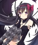  1girl akemi_homura akuma_homura argyle argyle_legwear bare_shoulders black_dress black_gloves black_hair black_legwear blush bow cowboy_shot dress elbow_gloves feathers gloves grey_legwear hair_between_eyes hair_bow hair_ribbon hand_on_own_face hip_vent long_hair looking_at_viewer mahou_shoujo_madoka_magica mahou_shoujo_madoka_magica_movie pink_eyes revealing_clothes ribbon simple_background sleeveless sleeveless_dress solo tatsuyoshi_(zawahomura) thigh-highs white_background zettai_ryouiki 