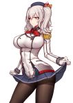  1girl blue_eyes breasts evan_yang highres kantai_collection kashima_(kantai_collection) large_breasts long_hair military military_uniform miniskirt pantyhose pleated_skirt silver_hair simple_background skirt skirt_lift solo thighband_pantyhose twintails uniform white_background 