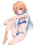  1girl ;o bikini blue_bikini blue_hair blush collar highres idolmaster idolmaster_cinderella_girls long_hair looking_at_viewer mercy_rabbit multicolored_hair navel ninomiya_asuka one_eye_closed orange_hair simple_background small_breasts solo spade swimsuit two-tone_hair violet_eyes white_background 