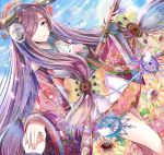  1girl beads bow braid breasts dutch_angle floral_print flower granblue_fantasy hair_bow hair_over_one_eye hands_together highres horns japanese_clothes long_hair mask narumeia_(granblue_fantasy) nikek96 parted_lips petals purple_hair sheath sheathed solo_focus sword very_long_hair violet_eyes weapon wide_sleeves 