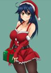  1girl ahoge alternate_costume alternate_hair_color artist_request bare_shoulders belt blue_hair blush box breasts buttons cleavage commentary_request detached_sleeves gift gift_box hat holding_box holding_gift impossible_clothes kantai_collection large_breasts long_hair looking_at_viewer pantyhose santa_costume santa_hat simple_background solo ushio_(kantai_collection) 