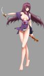  1girl alternate_costume barefoot breasts fate/grand_order fate_(series) highres japanese_clothes katana large_breasts long_hair no_bra off_shoulder panties pelvic_curtain pmh purple_hair red_eyes scabbard scathach_(fate/grand_order) sheath solo sword underwear weapon white_panties 