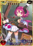  1girl card_(medium) demon_girl demon_horns demon_tail demon_wings disgaea fang guitar holding horns instrument long_sleeves looking_at_viewer official_art open_mouth pink_eyes pink_hair pleated_skirt pointy_ears raspberyl short_hair skirt slit_pupils solo tail thigh-highs white_legwear wings 