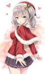  1girl :p alternate_costume bell bell_hair_ornament black_skirt blue_eyes blush capelet christmas commentary_request from_side fur_trim grey_hair hat heart holly holly_hair_ornament kantai_collection kase_daiki kashima_(kantai_collection) long_sleeves looking_at_viewer petticoat pleated_skirt ribbed_sweater santa_hat short_hair skirt smile sweater tongue tongue_out twintails upper_body wavy_hair 