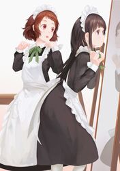  2girls :o apron bangs black_dress black_hair blunt_bangs bow brown_hair chitanda_eru closed_mouth dress dressing eyelashes frilled_apron frills green_bow green_ribbon hands_up highres hyouka ibara_mayaka indoors jq leaning_forward long_hair long_sleeves looking_at_another maid_headdress mirror multiple_girls neck_ribbon pantyhose red_eyes reflection ribbon short_hair smile standing very_long_hair violet_eyes waitress white_apron 